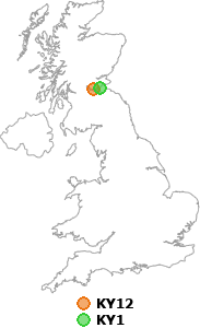 map showing distance between KY12 and KY1