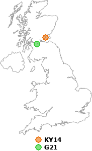 map showing distance between KY14 and G21