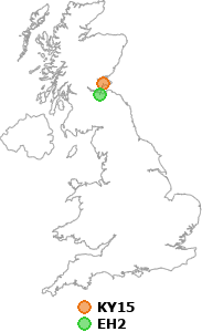 map showing distance between KY15 and EH2