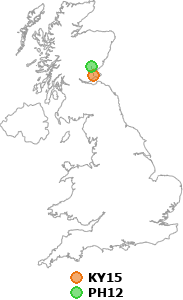 map showing distance between KY15 and PH12