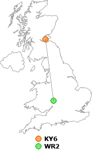 map showing distance between KY6 and WR2