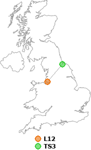map showing distance between L12 and TS3