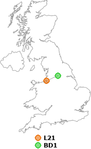 map showing distance between L21 and BD1