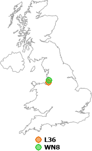 map showing distance between L36 and WN8