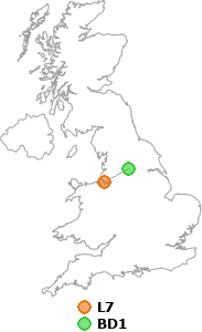 map showing distance between L7 and BD1