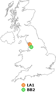 map showing distance between LA1 and BB2