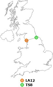 map showing distance between LA12 and TS8