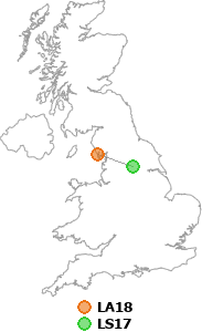 map showing distance between LA18 and LS17