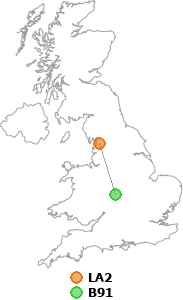 map showing distance between LA2 and B91