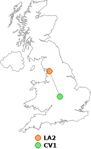 map showing distance between LA2 and CV1