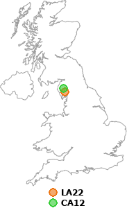 map showing distance between LA22 and CA12