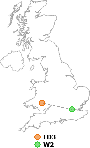map showing distance between LD3 and W2
