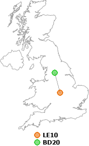 map showing distance between LE10 and BD20