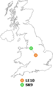 map showing distance between LE10 and SK9