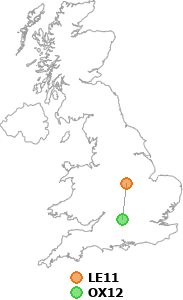map showing distance between LE11 and OX12