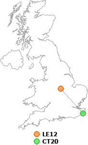 map showing distance between LE12 and CT20