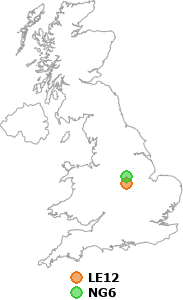 map showing distance between LE12 and NG6
