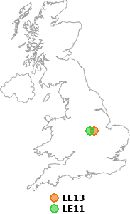 map showing distance between LE13 and LE11