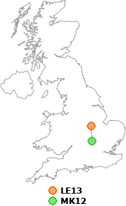 map showing distance between LE13 and MK12