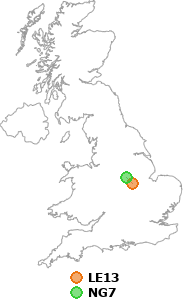 map showing distance between LE13 and NG7