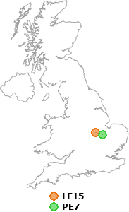 map showing distance between LE15 and PE7