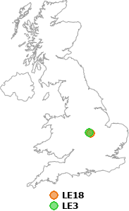 map showing distance between LE18 and LE3