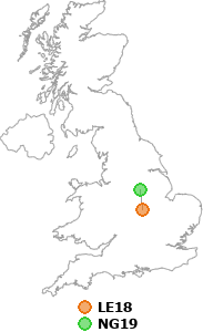 map showing distance between LE18 and NG19