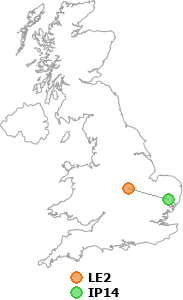 map showing distance between LE2 and IP14