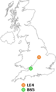 map showing distance between LE4 and BS5
