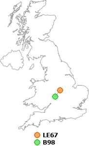 map showing distance between LE67 and B98