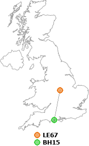 map showing distance between LE67 and BH15