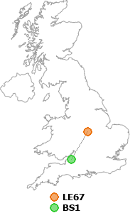 map showing distance between LE67 and BS1