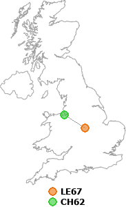 map showing distance between LE67 and CH62