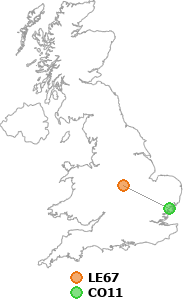 map showing distance between LE67 and CO11