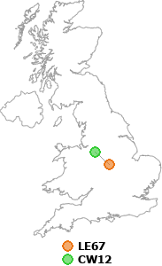 map showing distance between LE67 and CW12