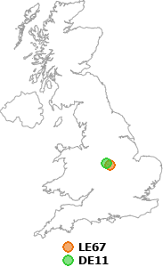 map showing distance between LE67 and DE11