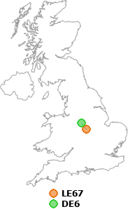 map showing distance between LE67 and DE6