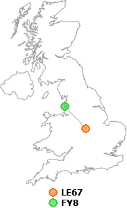 map showing distance between LE67 and FY8