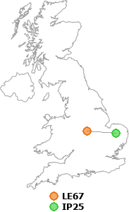map showing distance between LE67 and IP25