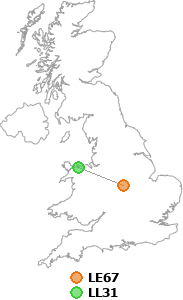 map showing distance between LE67 and LL31