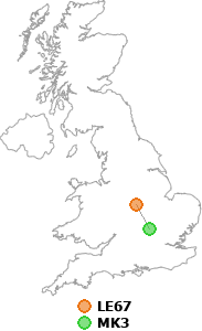 map showing distance between LE67 and MK3