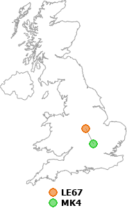 map showing distance between LE67 and MK4
