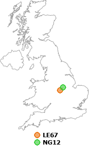 map showing distance between LE67 and NG12