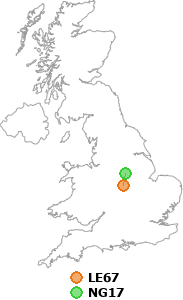 map showing distance between LE67 and NG17