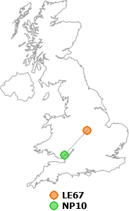 map showing distance between LE67 and NP10
