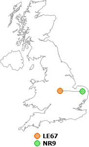 map showing distance between LE67 and NR9