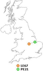 map showing distance between LE67 and PE21