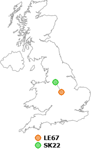 map showing distance between LE67 and SK22
