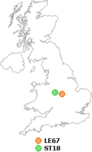 map showing distance between LE67 and ST18
