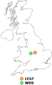 map showing distance between LE67 and WV8